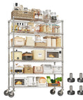 Heavy Duty Chrome Wire Shelving Rack With Locking Swivel Casters Commercial Grade with various kitchen items and containers.