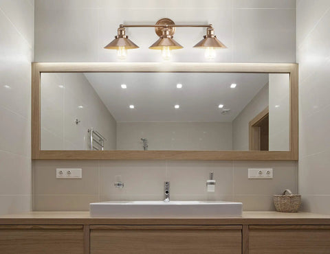 Bathroom featuring Brass Gold 3 Light Industrial Farmhouse Vanity Wall Sconce With Metal Shade For Bathroom Kitchen And Entryway Modern Sleek Dope Illumination With LED Bulbs Included Perfect Mirror Light above mirror