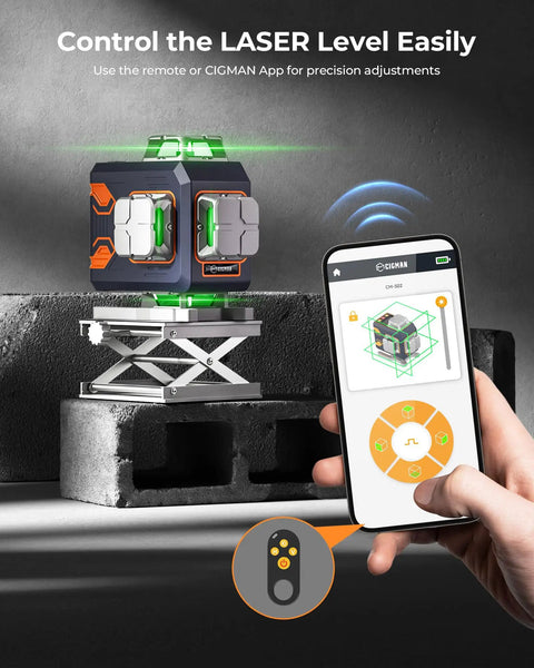 4x360 Green Laser Level With Remote And App Control Self Leveling Cross Line Laser in use with smartphone app interface