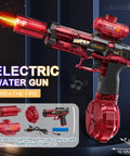 Grantley Electric Water Gun For Adults And Kids Featuring Rechargeable Automatic Squirt Blaster, red design with light effects.