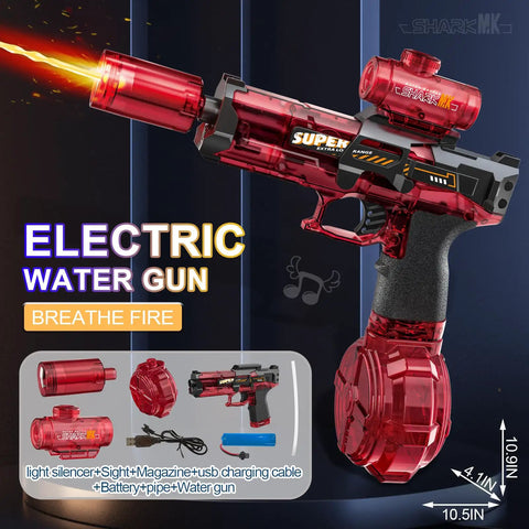 Grantley Electric Water Gun For Adults And Kids Featuring Rechargeable Automatic Squirt Blaster, red design with light effects.