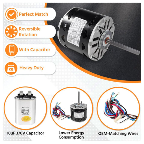 Rugged Half HP Blower Motor 1075 RPM 3 Speed 115V 8A 48 Frame Sleeve Bearing With 10uF 370V Capacitor Included and wiring