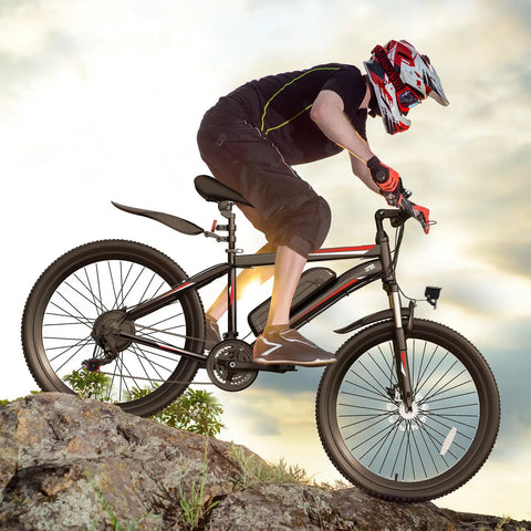 500W Electric Mountain Bike With Cruise Control And Pedal Assist For Adults 26 Inch Wheels 21 Speed Drivetrain 48V 375Wh Battery Smooth Acceleration Kickass Hill Climb Long Range Commuter EBike UL2849 Certified, rider on rocky trail