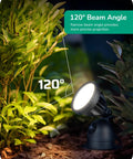 Outdoor Spotlight Kit With 3 Interchangeable Lenses Red Yellow Green 120V 12W 4000K Dusk To Dawn Landscape Lighting showing 120° beam angle.