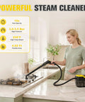 Woman using a handheld steam cleaner on stove counter, delivering 230°F steam for effective kitchen cleaning.