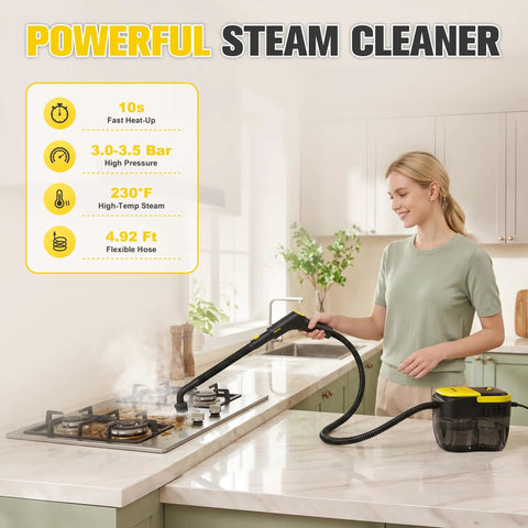 Woman using a handheld steam cleaner on stove counter, delivering 230°F steam for effective kitchen cleaning.
