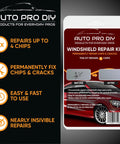 DIY Windshield Repair Kit For 4 Chips Four Pack Glass Chip Repair Tool packaging showing product features and kit contents.