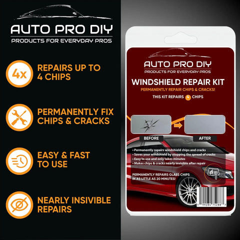 DIY Windshield Repair Kit For 4 Chips Four Pack Glass Chip Repair Tool packaging showing product features and kit contents.