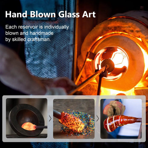 Artisan hand blowing glass, crafting ice cream shaped spiral hummingbird feeder for outdoors, showing colorful glass and furnace.