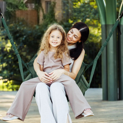 Mother and daughter sitting on Hanging Hammock Chair For Patio With Plush Headrest And Armrests Outdoor Swing Seat With Cup Holders