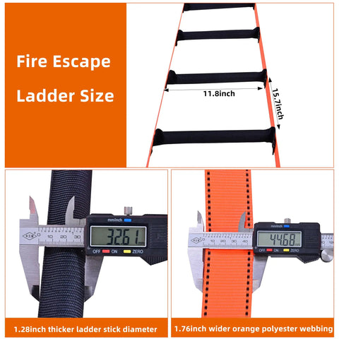 Dimensions of Emergency Fire Escape Rope Ladder for Home Windows and Balconies, Quick Deploy 9.8 Ft to 49 Ft shown with calipers