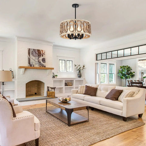 23-Inch 7-Light Rustic Wood Drum Chandelier With Metal Accents in cozy living room with white sofa and fireplace