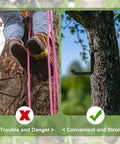 Comparison of unsafe tree climbing with rope vs. 16 Pack 4 Inch Screw In Tree Steps For Hunting Heavy Duty Tree Climbing Gear