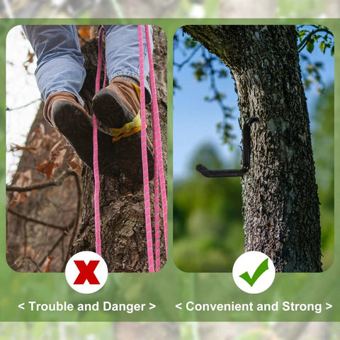 Comparison of unsafe tree climbing with rope vs. 16 Pack 4 Inch Screw In Tree Steps For Hunting Heavy Duty Tree Climbing Gear