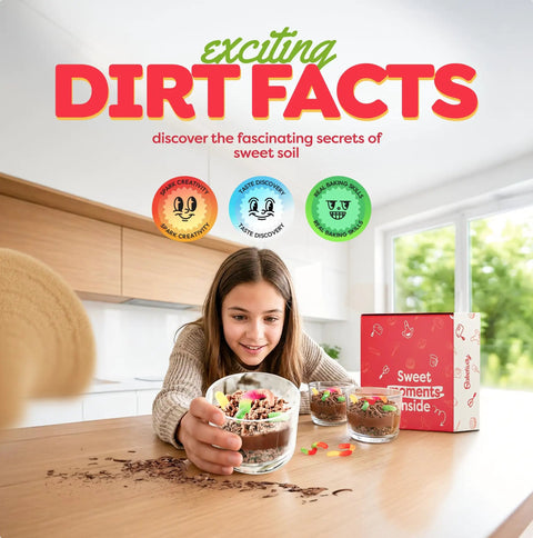 Child enjoying Dirt Pie Kids Baking Kit With Chocolate Cake Mix, Pre Measured Dry Ingredients, Chewy Gummy Worms on table.