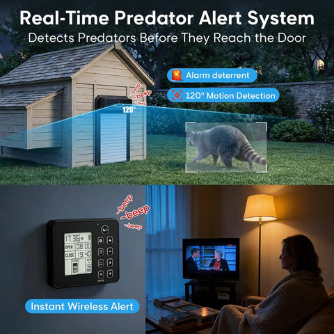 Solar Powered Roll-Up Chicken Coop Door With Remote Display, 400-Foot Wireless Monitoring, raccoon detection illustration