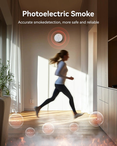 Dead Set Reliable Smoke Detector Featuring A Built In Ten Year Battery For Zero Stress Home Safety And Hassle Free Protection Keeping Families Secure Indoors mounted on wall with a person running under it.