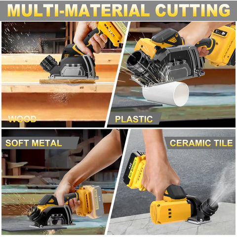Slick Kickin 3 Inch Mini Circular Saw With Heavy Duty Brushless Motor And Two Speed Control cuts wood plastic soft metal and ceramic tile.