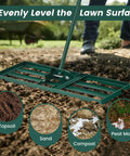 Heavy Duty Lawn Leveling Rake With Ergonomic 67 Inch Handle for Soil and Lawn Care, wide 30x10 inch plate on soil surface.
