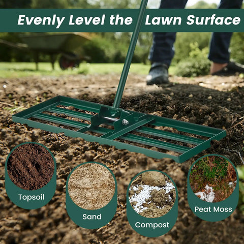 Heavy Duty Lawn Leveling Rake With Ergonomic 67 Inch Handle for Soil and Lawn Care, wide 30x10 inch plate on soil surface.