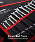 Metric V-Groove Combination Wrench Set 8mm To 19mm, 12-Piece displayed in roll case with sizes 8mm to 19mm visible