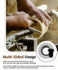 Hands using 10 Pack 15mm Round Tungsten Carbide Lathe Tool Inserts on wood, showcasing multi-sided usage for precise machining.