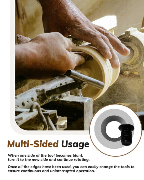Hands using 10 Pack 15mm Round Tungsten Carbide Lathe Tool Inserts on wood, showcasing multi-sided usage for precise machining.