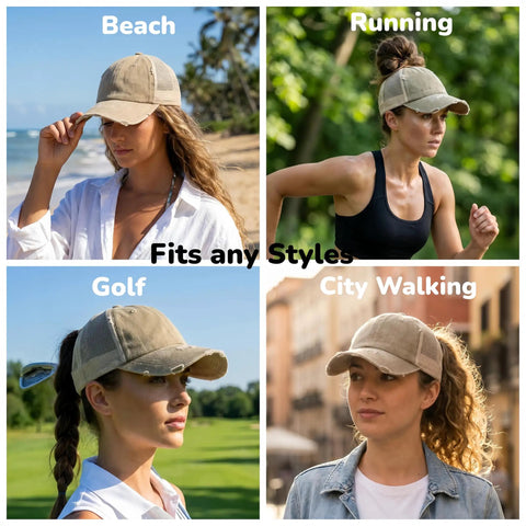 Women wearing Light Khaki Womens Ponytail Cap With Dual High And Low Openings For Messy Buns And Thick Hair on the beach, running, golfing, and city walking.