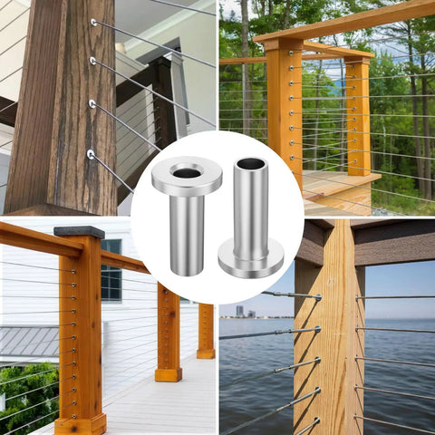 Beefy Stainless Steel Cable Railing Sleeves for wood posts, outdoor deck view, T316 marine-grade protection, 50 pack