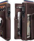 Airtag Wallet For Men With Money Clip And 10 Card Capacity, Slim Metal Case Pop Up Card Holder, leather-brown, dual view