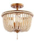 14 Inch Antique Gold And Light Taupe Wood Beaded LED Semi Flush Mount Ceiling Light With Cream Wood Bead Shade Boho Farmhouse Vibe