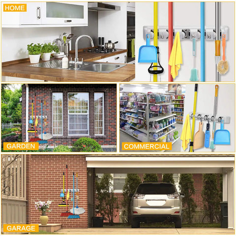 Wall Mounted Mop Broom Holder Organizer Rack With 5 Slots And 6 Hooks For Kitchen Garage Laundry Garden Tools Go To Space Saving Storage Heavy Duty Plastic Includes Screws And Anchors Holds Up To 25 Lbs