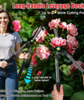 Self Sharpening High Carbon Steel Hedge Trimmers With 2x Leverage Long Handles For Effortless Pruning next to woman and roses