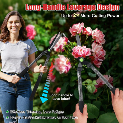 Self Sharpening High Carbon Steel Hedge Trimmers With 2x Leverage Long Handles For Effortless Pruning next to woman and roses