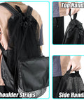 Person wearing Extra Large Mesh Dive Bag For Scuba Gear And Water Sports, Oversized Foldable Backpack Duffle With Front Zipper Pocket, black bag with shoulder and side handles.
