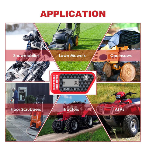 Hour Meter With Maintenance Reminder And Data Storage For Lawn Mower Chainsaw Dirt Bike Motorcycle And Marine Equipment Automatically Tracks Total Run Time When Spark Plug Signals Wake It Up And Lets You Reset The Timer on red digital meter with application images