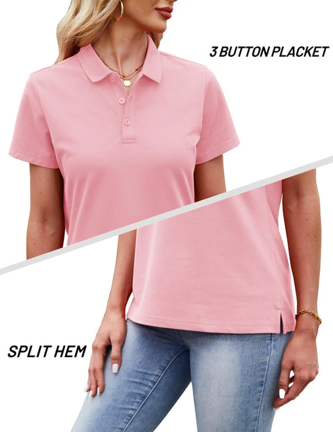Light Pink Women Polo Shirt With Short Sleeve 3 Button Collared Golf Style Cotton Blend Lightweight Breathable All Day Comfort Work Top For Summer Casual Business Casual Tee Size M