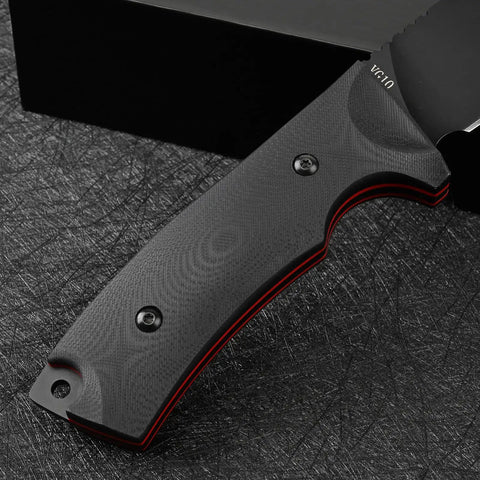 Close-up of ergonomic G10 handle on VG10 Steel Fixed Blade Tactical Knife with Kydex Sheath Tough As Nails Outdoor Survival Knife