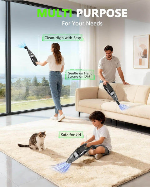 Family using the Cordless Handheld Vacuum Cleaner With 11KPa Strong Suction And Up To 25 Minutes Runtime for different home cleaning tasks.
