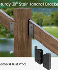 Heavy Duty 30 Degree Stair Deck Railing Brackets 304 Stainless Steel 2x4 Wood Post Connectors on wooden handrail.