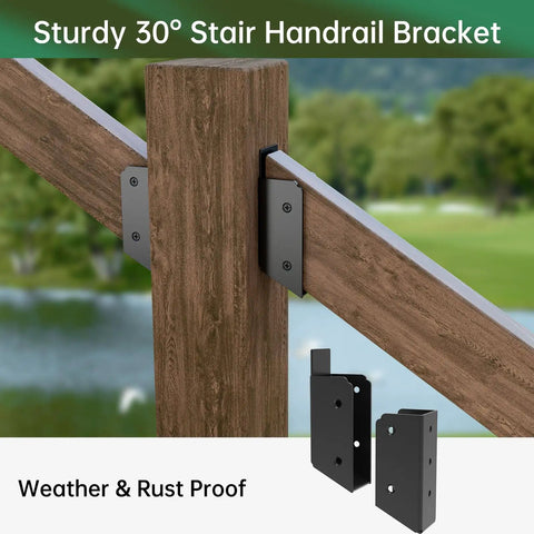 Heavy Duty 30 Degree Stair Deck Railing Brackets 304 Stainless Steel 2x4 Wood Post Connectors on wooden handrail.