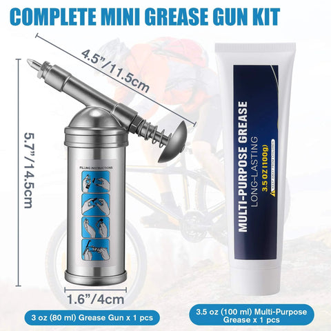 Compact Mini Grease Gun Kit with High Performance Bicycle Grease for Precise Lubrication and Lube of Chains Pedals Bearings and More Nozzle Included Leak Free Seal 100g 3oz Cartridges Ideal Bike Maintenance On The Go.