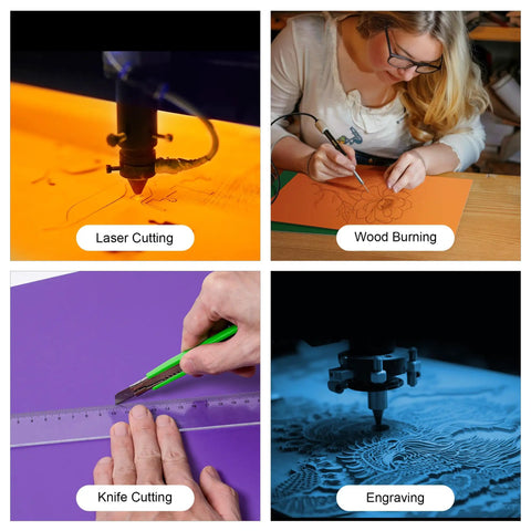 Close-up of laser cutting, wood burning, knife cutting, engraving on 7 Pack Rainbow Colored Plywood Sheets 12 By 12 By One Eighth Inch 3mm Thick Unfinished Wood For Laser Cutting And Engraving DIY Craft Kits For Ornaments Models Drawing And Wood Burning Projects.