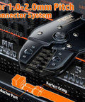 Pro Grade All In One DIY Electronics Crimping Tool Kit With 22 JST Connectors 1.0mm SH 1.25mm GH 1.5mm ZH And Contacts Crimp Pliers AWG 32 22 For 1.0 2.0mm Pitch Pin Terminals Includes Precision Tweezers In Portable Box showing crimping tool close-up.