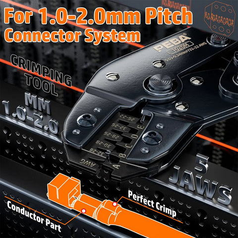 Pro Grade All In One DIY Electronics Crimping Tool Kit With 22 JST Connectors 1.0mm SH 1.25mm GH 1.5mm ZH And Contacts Crimp Pliers AWG 32 22 For 1.0 2.0mm Pitch Pin Terminals Includes Precision Tweezers In Portable Box showing crimping tool close-up.