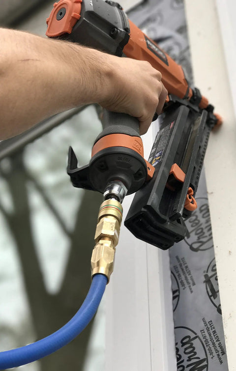 Fast Fix One Quarter Inch Air Hose Repair Fitting With One Quarter Inch MNPT Brass 300 PSI Reusable Leak Free Easy Install For All One Quarter Inch ID Hoses connected to nail gun