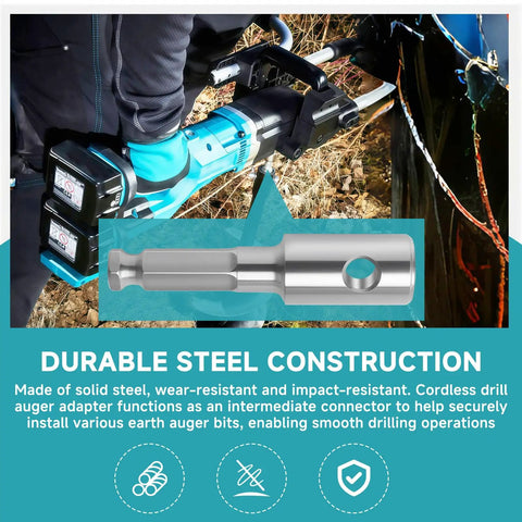 Earth Auger Bit Adapter With 7 16th Inch Hex Shank Compatible With Makita DDG460 Cordless Earth Augers Converts Driver To Standard Spiral Bits Industrial Grade Beefy Drill Bit Accessory, displayed in use with drill