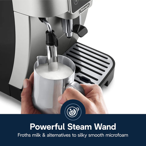 Magnifica Start Automatic Espresso Machine With Built-In Grinder And Manual Milk Frother, close-up of frothing milk