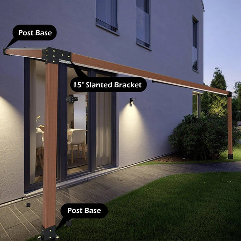 15 Degree Slanted Roof Pergola Bracket Kit With Wall Mount Extension And 3-Way Brackets For Outdoor Pergolas, Fits 4x4 Lumber Actual 3.5x3.5, Built Tough Heavy Duty Steel Construction For Log Cabins And Patios installed view