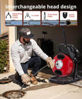 Heavy Duty Electric Drain Cleaning Machine Paired With A Badass Sewer Snake Auger in use with interchangeable heads, tackling pipe clogs.